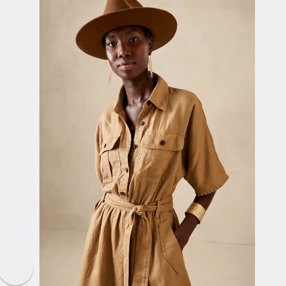 NWT Banana Republic Linen Utility Safari Shirt Dress Tan size Medium TALL - Picture 2 of 16